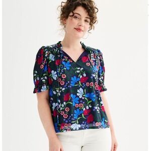 Draper James Floral Mesh Top Womens XL Navy Blue Pink Excellent Ruffle Sleeve